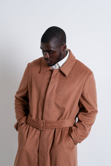 SPIKE : MENS FLY FRONT LONG COAT / WASIT BELT / CAMEL