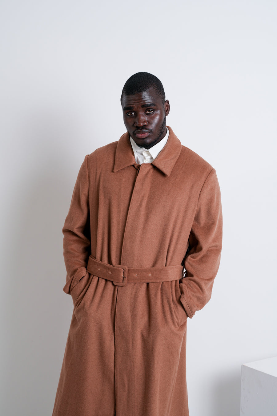 SPIKE : MENS FLY FRONT LONG COAT / WASIT BELT / CAMEL